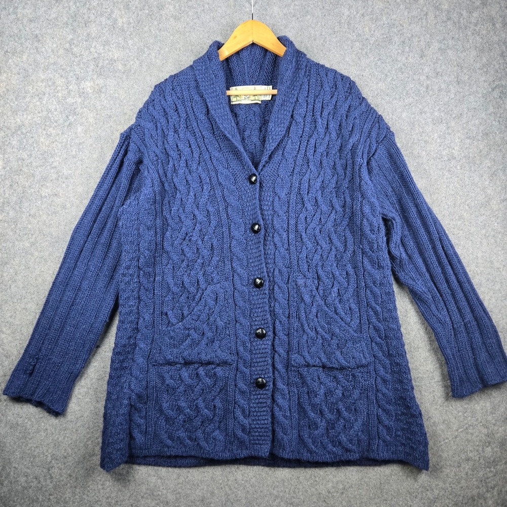 Aran Crafts Cardigan Sweater Womens L Blue Cable Knit Merino Wool Alpaca